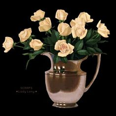 a painting of yellow roses in a silver pitcher