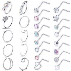 PRICES MAY VARY. [ITEM CONTAIN]: You Will Receive 26 Pieces Stainless Steel Nose Rings Hoop Nose Studs, All Of Them Are Beautiful And Elegant, Multiple Choices For Meeting Your Various Needs. [PRODUCT SIZE]: Nose Hoop Ring Gauge: 20g=0.8mm, inner diameter: 8mm; Nose Ring Gauge: 20g=0.8mm, Bar Length: 6.5mm. Ball Size: top 2mm-4mm. Color: Silver. [SAFETY MATERIAL]: Made Of 316L Surgical Steel, Smooth Polished Surface, Safe And Durable. Very Flexible And Comfortable. [SUITABLE FOR USE]: These Pier Hoop Nose Rings, Heart Nose Rings, L Shaped Nose Ring, Nose Rings Studs, Opal Nose Ring, Diamond Nose Stud, Nose Piercing Jewelry, Nose Studs, Body Jewelry Piercing