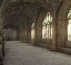 an old building with stone floors and arched windows