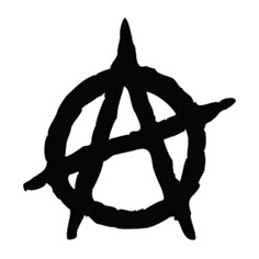 the anarchy symbol is shown in black and white, with an inverted circle at the center