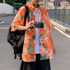 Korean Fashion Flower Shirt - Pastel Kitten Oversized Floral Print Shirt For Fall, Orange Short Sleeve Shirt For Spring, Casual Orange Shirt For Summer, Oversized Shirt For Spring Day Out, Oversized Spring Shirt For Day Out, Casual Orange Shirt With Floral Print, Orange Shirt For Spring Vacation, Orange Shirt For Vacation In Spring, Orange Floral Print Shirt For Vacation