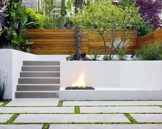 a modern garden with steps leading up to an outdoor fire pit in the middle of it