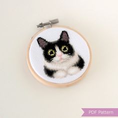 a black and white cat with yellow eyes is shown in a cross - stitch hoop