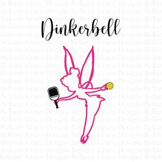 the silhouette of a pink fairy holding a tennis racket and ball is shown with the words dunkerbell on it