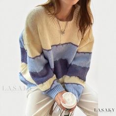 Lasaky - Relaxed Oversized Sweater Coat with Vintage Contrasting Color Design and Striped Knit Sweater Feel Skandinavian Fashion, Oversized Knit Cardigan, Cardigan Vintage, Fall Fits, Winter Fits, Cozy Knit, Mode Inspo, Loose Sweater, 가을 패션