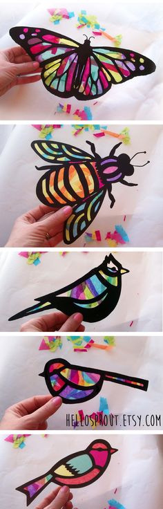 the process to make a paper cutout of a butterfly is shown in three different stages