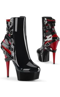 DELIGHT-1012 Black/Red Patent Strappy Boots-Pleaser-Tragic Beautiful High Heel Design, Black And Red Accessories, Black Gothic High Heels, Pleaser Heels Outfit, Drag Heels, Pleasers Heels, Black And Red Heels, Six Inch Heels, Red And Black Fashion