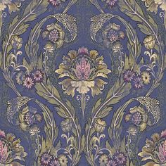 an ornate wallpaper with flowers and leaves in blue, pink, yellow and green colors