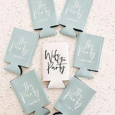 nine ceramic coasters with the words wife party written on them in black ink and white paper