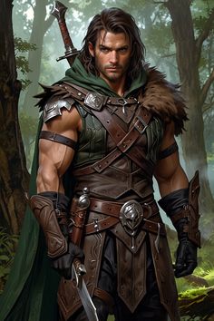 A towering forest ranger reminiscent of Aragorn from L 3 Dnd Archer Character Art, Male Ranger Character Art, Archer Tattoo Men, Human Ranger Dnd Male, Dnd Ranger Art, Ranger Dnd Male, Dnd Ranger Character Design, Human Archer, Archer Male