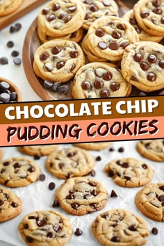 chocolate chip pudding cookies on a baking sheet with text overlay that reads, chocolate chip pudding cookies