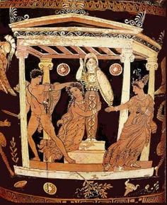 an ancient greek vase with some people in the middle and one person on the other side