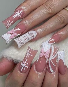 Pink And Gold Winter Nails, Snow Nails, Holiday Nails Christmas, Duck Nails, Winter Nails Acrylic, Acrylic Press On Nails, Christmas Nails Acrylic