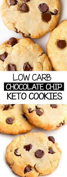 low carb chocolate chip keto cookies on a white plate with text overlay