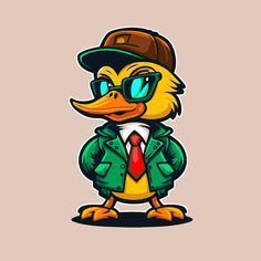 a cartoon duck wearing a suit, tie and hat with glasses on it's head