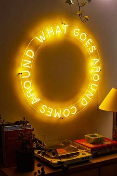 What Goes Around Comes Around Neon Sign Ambiguous Quotes, Painted Mirror, Commercial Signs, Quick Quotes, Eclectic Bedroom, What Goes Around Comes Around, Event Exhibition, Aperol Spritz, Go Around