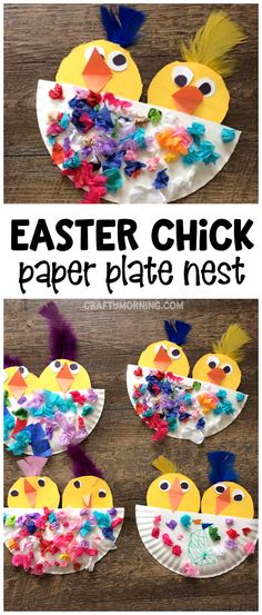 an easter chick paper plate nest craft with colorful feathers and flowers on the bottom, and two