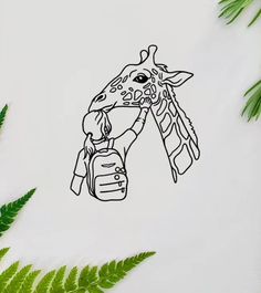 a drawing of a giraffe drinking from a bottle next to some green leaves