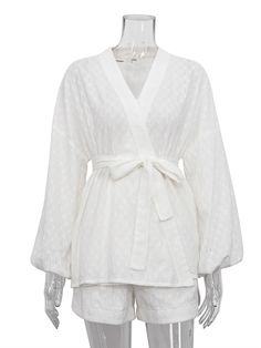 This lovely robe style two piece set is absolutely cute and comfortable. Chic White V-neck Sets, Chic V-neck Sleepwear For Spring, Feminine Summer Kimono For Loungewear, V-neck Sets For Spring Brunch, Chic Long Sleeve Sets For Day Out, Feminine Summer Loungewear Kimono, Spring Brunch V-neck Sets, Elegant Long Sleeve Sleepwear For Vacation, Chic V-neck Kimono For Daywear