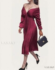 Lasaky - Long-sleeved Pleated Collar Mono-Color Simple and Fashionable Dress with a Hundred Folds Skirt Ruffle Long Dress, Color Minimalist, Floral Dress Formal, Lace Formal Dress, Clubwear Dresses, Solid Color Dress, Lace Dress Long, Pleated Maxi Dress, Pleated Midi Dress