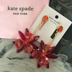 Kate Spade Blooming Brilliant Flower Floral Drop Earrings Pink Multi Gold Elegant Red Kate Spade Jewelry, Elegant Pink Kate Spade Earrings, Elegant Red Flower Earrings For Party, Red Dangle Flower Earrings For Valentine's Day, Elegant Red Flower Earrings, Red Kate Spade Jewelry As Gift, Kate Spade Red Earrings For Gift, Red Floral Earrings For Party, Red Flower Earrings For Valentine's Day