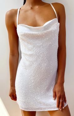 Check out Suzanna Slip Dress. Get $10 off + free shipping with Club Mumu. White Bachelorette Party Outfit, Reception Dress Short, Slip Dress White, Sequin Slip Dress, White Bachelorette, Short Bridal Dress, Azazie Dresses, White Slip Dress, Sequence Dress