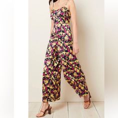 There’s A Little Pulling , Please Pay Close Attention.Lay Flat Pit To Pit 17”, Waist 26”, Inseam 28”, Length 53” Yellow Floral Print Jumpsuits And Rompers, Fitted Yellow Jumpsuits And Rompers With Floral Print, Fitted Yellow Floral Jumpsuits And Rompers, Tie Waist Jumpsuit, Flare Jumpsuit, Boho Romper, Halter Romper, Long Jumpsuits, Floral Jumpsuit