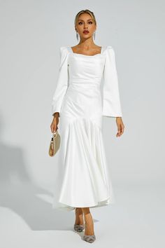 Elegant White Maxi Dress With Draped Sleeves, Chic Long Sleeve Off-white Midi Dress, Elegant Off-white Long Sleeve Maxi Dress, Luxury Off-white Long Sleeve Dress, Chic Off-white Long Sleeve Midi Dress, Sleeved Gown, Satin Evening Dress, Gold Maxi Dress, Glitter Wedding Dress