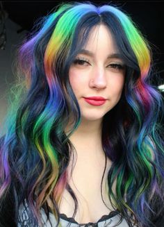 Long Vivid Hair, Black Hair With Vivid Highlights, Multi Color Hair Dye Techniques, Rainbow Balayage, Colorful Highlights, Hair Dye Techniques, Rainbow Highlights, Client Board