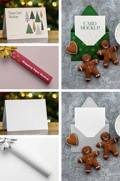 four different christmas cards with gingerbreads and cookies on them, one for the holiday season