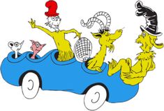 the dr seuss car is driving down the road with three cats on it's roof