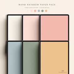 six sheets of lined paper in different colors and sizes, with the text warm rainbow paper pack