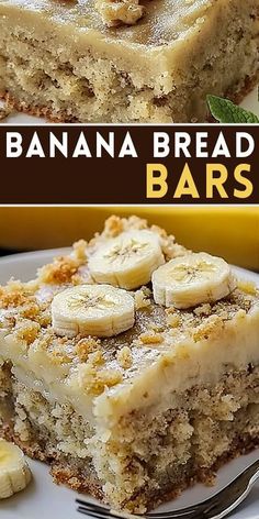 banana bread bars on a white plate with bananas in the background and text overlay