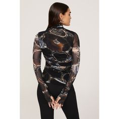 Black abstract print mesh (100% Nylon/Polyamide). Top. Long sleeves. Turtleneck. Pull on. 22.5" from shoulder to hemline. Imported. Fall Party Mesh Top Made Of Nylon, Fitted Nylon Chic Mesh Top, Fitted Chic Nylon Mesh Top, Chic Fitted Nylon Mesh Top, Sheer Nylon Mesh Top For Evening, Trendy Evening Mesh Top With Mesh Sleeves, Trendy Fitted Top With Abstract Print, Black Mesh Top With Sheer Sleeves In Nylon, Black Nylon Mesh Top With Sheer Sleeves