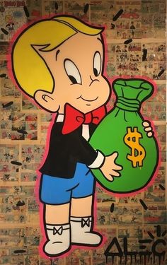 a painting of a boy holding a bag of money with words all over the wall