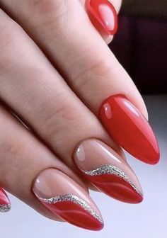 Red Silver Nails Glitter, Red Formal Nails Acrylic, Red And Silver Glitter Nails Acrylic, Red And Silver Gel Nails, Red With Silver Nails, Christmas Nails Elegant Silver Glitter, Silver And Red Christmas Nails, Summer Nails 2022 Coffin, Red Nail Art Elegant