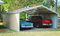 two cars are parked in a garage with the roof open and one is blue, while the other is red