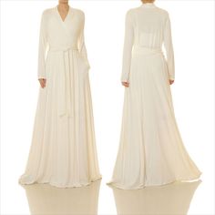 Long Sleeve Lounge Dress Kimono White Wrap Dress White Full-length Maxi Dress For Formal Occasions, Elegant White Full-length Dress, Elegant Long Off White Dresses, Elegant Long Off-white Dress, Off White Maxi Length Wedding Gown, Off White V-neck Wedding Dress, Cream Long Sleeve Bridesmaid Dress, Beige Long Sleeve Dress For Wedding Night, Cream Long Maxi Dress For Wedding