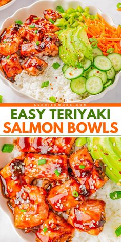 These teriyaki salmon bowls are a winner! Made with glazed teriyaki salmon and vegetables, this easy bowl food recipe is hearty and flavorful. Great as a lunch bowl idea or a main dish for dinner! Spicy Salmon Teriyaki Bowl, Teriyaki Salmon Bowl Recipe, Salmon Bowls Recipes, Teriyaki Salmon And Rice, Salmon Rice Avocado, Healthy Salmon Bowls, Teriyaki Salmon Recipes, Asian Salmon Bowl, Salmon Rice Bowl Recipes