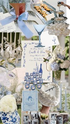 blue and white wedding theme with flowers, champagnes, pictures, and menu cards