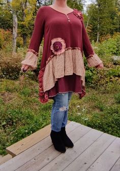 "Cottagecore, boho, fairycore, or festival clothing - we've got you covered! What a versatile piece this will add to your wardrobe! This upcycled, oversized, cottagecore, autumn colored tunic is drapey and flowy, and oh, so comfortable!  I guarantee you'll receive lots of compliments and \"Oh I LOVE that - where'd you get it!?\" when you wear this unique shirt! AND, it has POCKETS! Style Ideas:  Imagine this piece with tall brown boots over leggings! Or wear with jeans, or a solid-colored skirt. Bohemian Flowy Tunic For Fall, Flowy Bohemian Tunic For Fall, Bohemian Fall Festival Tunic, Bohemian Cotton Tunic For Fall, Cottagecore Autumn, Upcycling Clothes, Shirt Mini Dress, Altered Clothing, Coloured Leggings