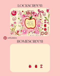 the back side of a pink card with an apple and flowers on it, in front of