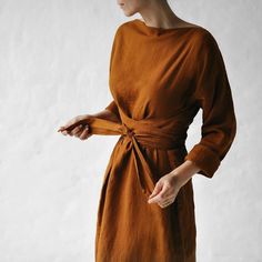 Lasaky - Cotton and Linen Long Sleeve Dress with Tie Waist Brown Wrap Dress, Tie Neck Dress, Loose Maxi Dress, Satin Sash, Elegant Maxi Dress, Dress With Tie, Necklines For Dresses, Maxi Gowns, Long Sleeve Maxi