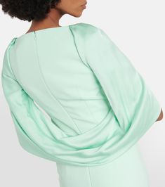 Caped crêpe gown in green - Safiyaa | Mytheresa Pre-draped Maxi Dress With Draped Sleeves, Pre-draped Gown With Cape Sleeves, Fitted Pre-draped Evening Dress With Cape Sleeves, Evening Gown With Draped Sleeves, Fitted Evening Dress With Draped Sleeves, Pre-draped Gown With Draped Sleeves For Gala, Gown With Draped Sleeves And Fitted Bodice, Silk Evening Dress With Draped Sleeves, Draped Maxi Dress With Draped Sleeves For Evening