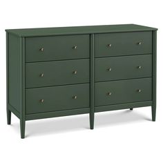 a green dresser with four drawers and gold knobs on the top, in front of a white background