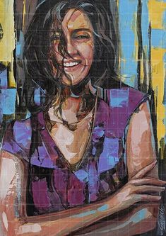 a painting of a smiling woman with her arms crossed, wearing a purple shirt and necklace