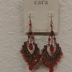 Cara Couture Redish Orange Chandelier Gold Tone Earrings. New With Tags. 2 Pair Were In Stock. One Sold! Last Pair Red Metal Chandelier Earrings For Party, Red Crystal Metal Earrings For Parties, Red Crystal Metal Party Earrings, Red Metal Crystal Party Earrings, Handmade Red Costume Jewelry Earrings, Red Bohemian Metal Chandelier Earrings, Bohemian Red Metal Chandelier Earrings, Red Metal Beaded Drop Earrings, Red Metal Drop Beaded Earrings