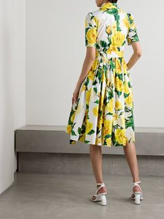 DOLCE&GABBANA Belted pleated floral-print cotton-poplin midi dress | NET-A-PORTER Dolce Gabbana Belt, Cotton Poplin Dress, Yellow Midi Dress, Dolce Gabbana Dress, Poplin Dress, Pleated Midi Dress, Midi Shirt Dress, White Shirt Dress, Knitwear Tops