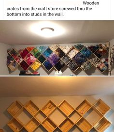 the wall is made out of bookshelves with pictures on them and there are two different