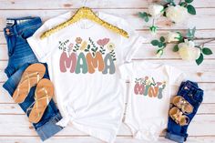 Mother's Day matching Shirts, Retro Mama Shirt, Retro Mini Shirt, Groovy Mama Mini Matching Shirts, Mama And Mini Wildflower Shirts -Unisex soft cotton shirt. Professionally printed. made of super soft lightweight cotton.    Listing is for ONE  shirt (price shown is for ONE Shirt) - if you want combo, please select and add one by one shirt and put them in a cart, pay together at the end.  1 - Adult Unisex:  Mama 2 - Baby/Toddler/Child: Mini T-shirt is made of Pre-shrunk 100% ultra soft cotton, r Matching Funny Print Summer Tops, Family Matching Cotton Tops For Spring, Spring Family Matching Crew Neck Shirt, Family Matching Crew Neck Shirt For Spring, Family Matching Printed Cotton Tops, Multicolor Custom Print Shirt For Spring, White Long Sleeve Shirt For Mother's Day, Spring Family Cotton Tops, Spring Cotton Tops For Family Occasions